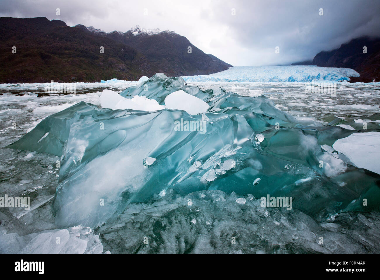 Floating ice below the San Rafael Glacier. Northern Patagonian Ice Field, Patagonia, Chile. Stock Photo