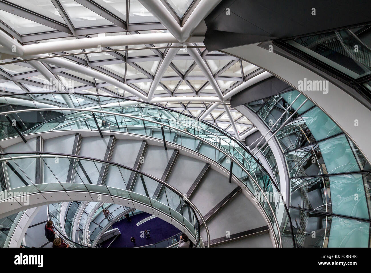 The interior spiral staircase at London City Hall which is the headquarters of the Greater London Authority (GLA) , London, UK Stock Photo