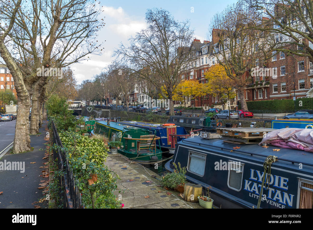 Narrow Boats moored up on The Regents Canal ,near Maida Vale London Stock Photo