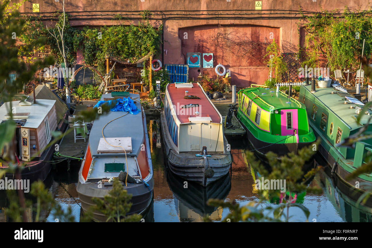 Colourful Narrow Boats moored up at Lisson Grove on The Regents Canal, London, UK Stock Photo
