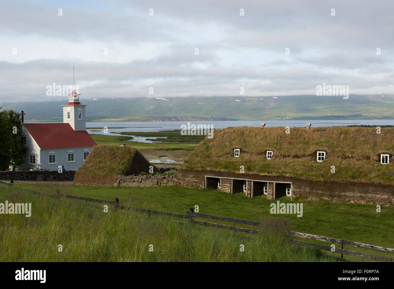 Iceland, Akureyri, Eyjaforour. Historic turf houses of Laufas, once