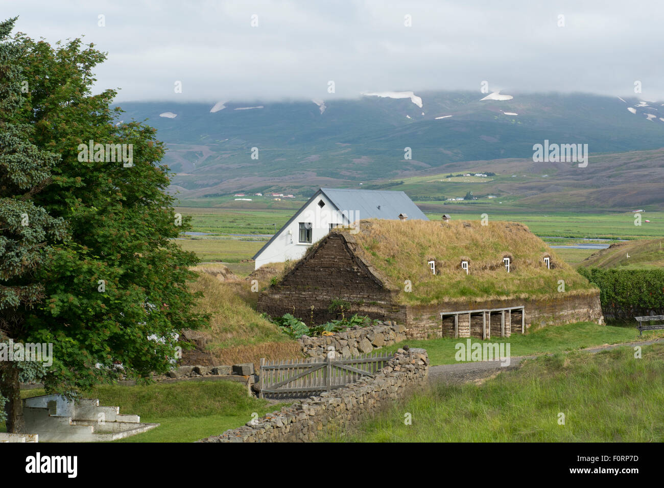 Iceland, Akureyri, Eyjaforour. Historic turf houses of Laufas, once