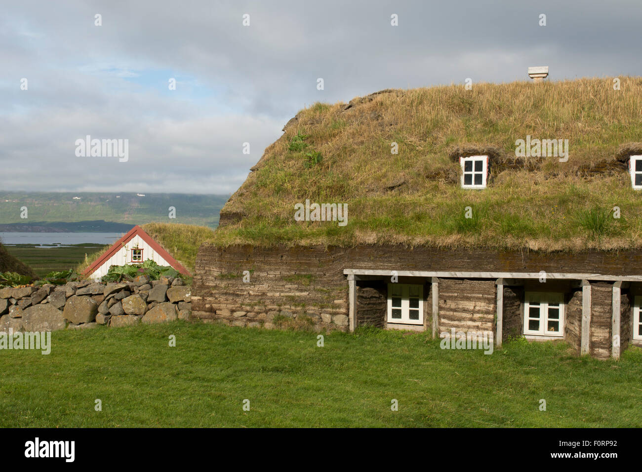 Iceland, Akureyri, Eyjaforour. Historic turf houses of Laufas, once