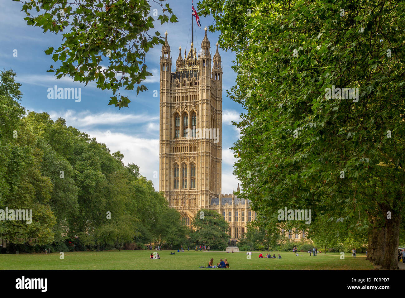 Victoria Tower the tallest tower in the Palace of Westminster, Victoria Tower Gardens, London ,UK Stock Photo