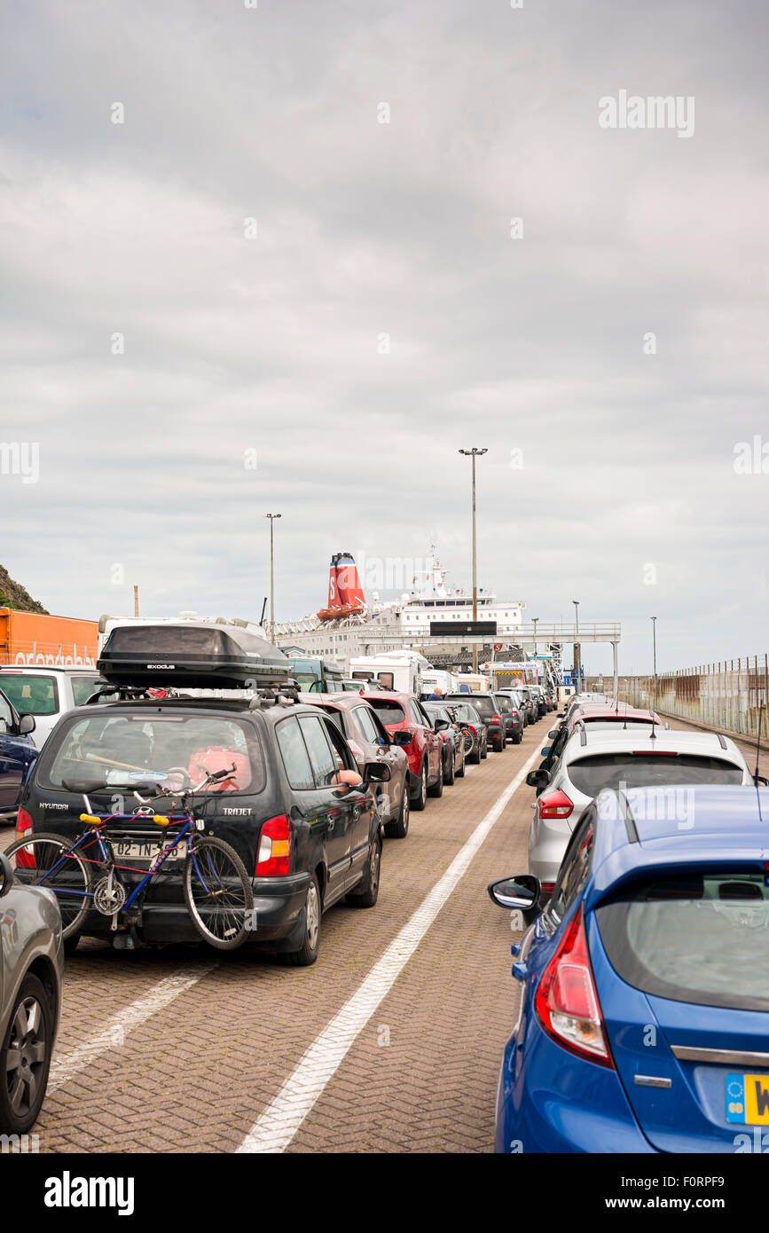 Cars waiting to board the MS Stena Europe ferry at Fishguard heading to Rosslare Stock Photo