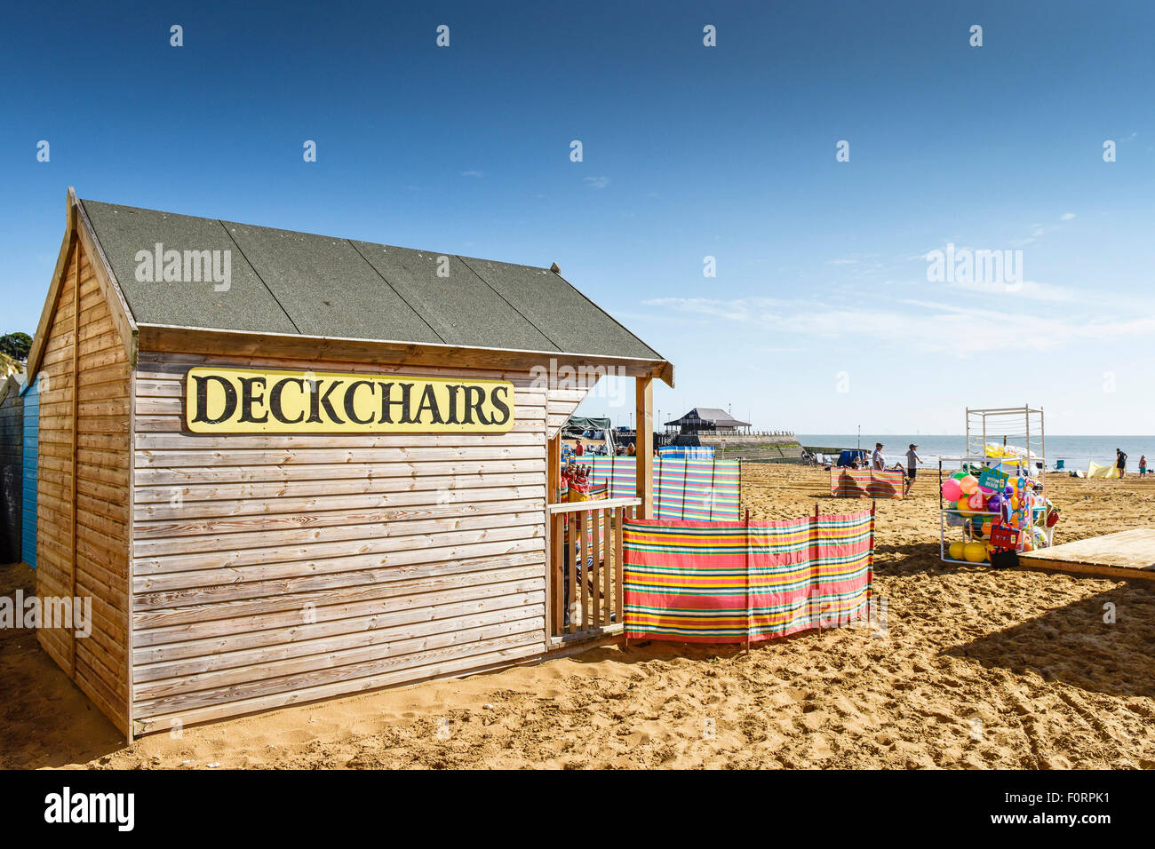 A deck chair hut on the beach at Viking Bay in Broadstairs, Kent Stock