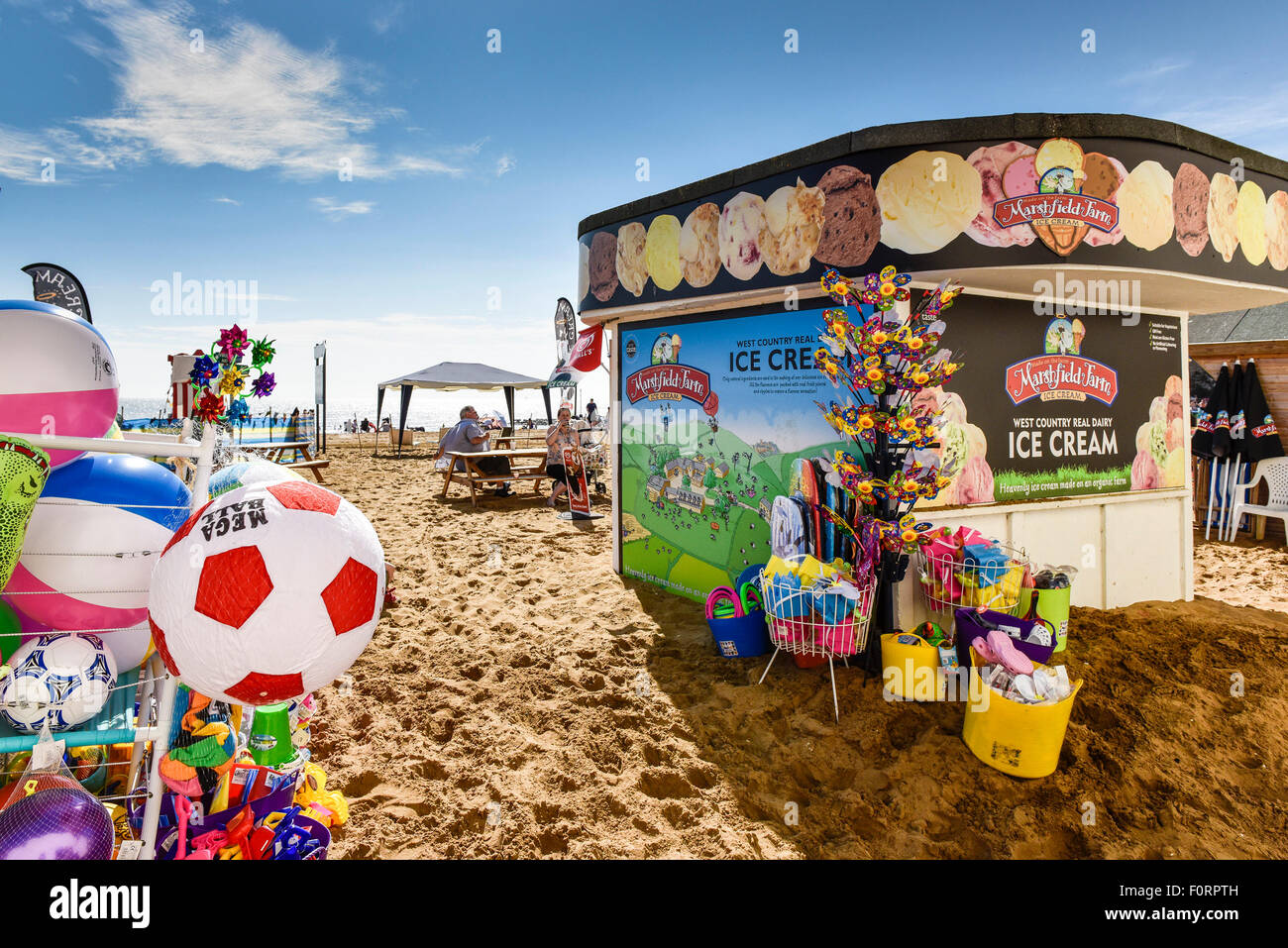 An ice cream kiosk on the beach at Viking Bay in Broadstairs, Kent. Stock Photo