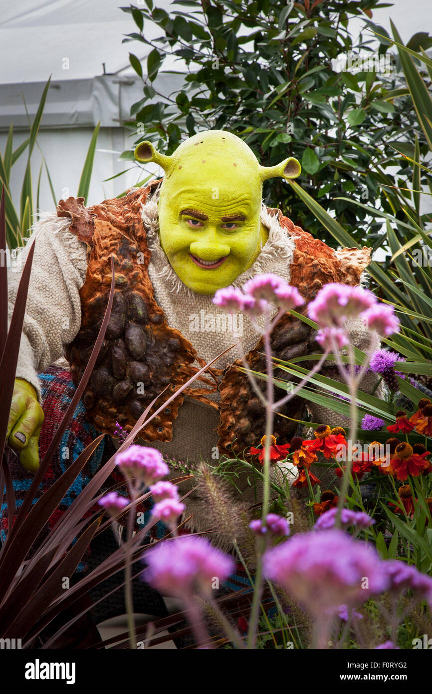 Southport, Merseyside, UK. 20th August, 2015. DEAN Chisnall, as Shrek, a fat, green, swamp-dwelling celebrity film star ogre at Britain’s biggest independent flower show. Stock Photo