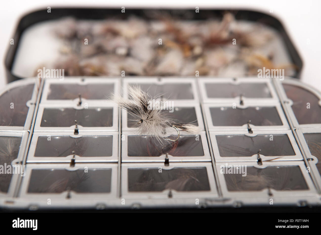 A fishing fly box of mayflies ready for fishing the mayfly hatch in May when fly fishing on
