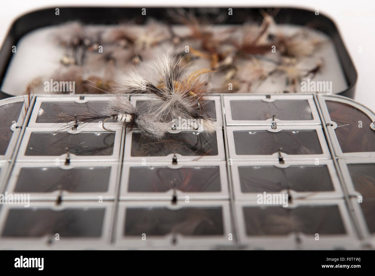 A fishing fly box of mayflies ready for fishing the mayfly hatch in May