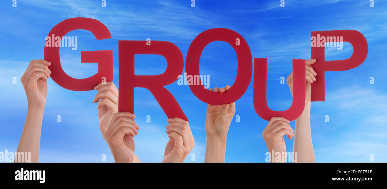 Many People Hands Holding Red Word Group Blue Sky Stock Photo - Alamy