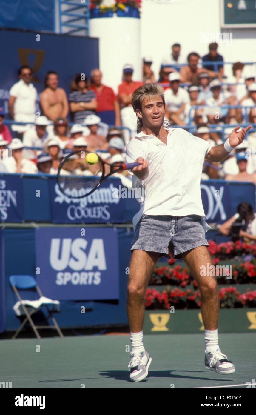 Andre Agassi in action against Boris Becker at the Newsweek Champions