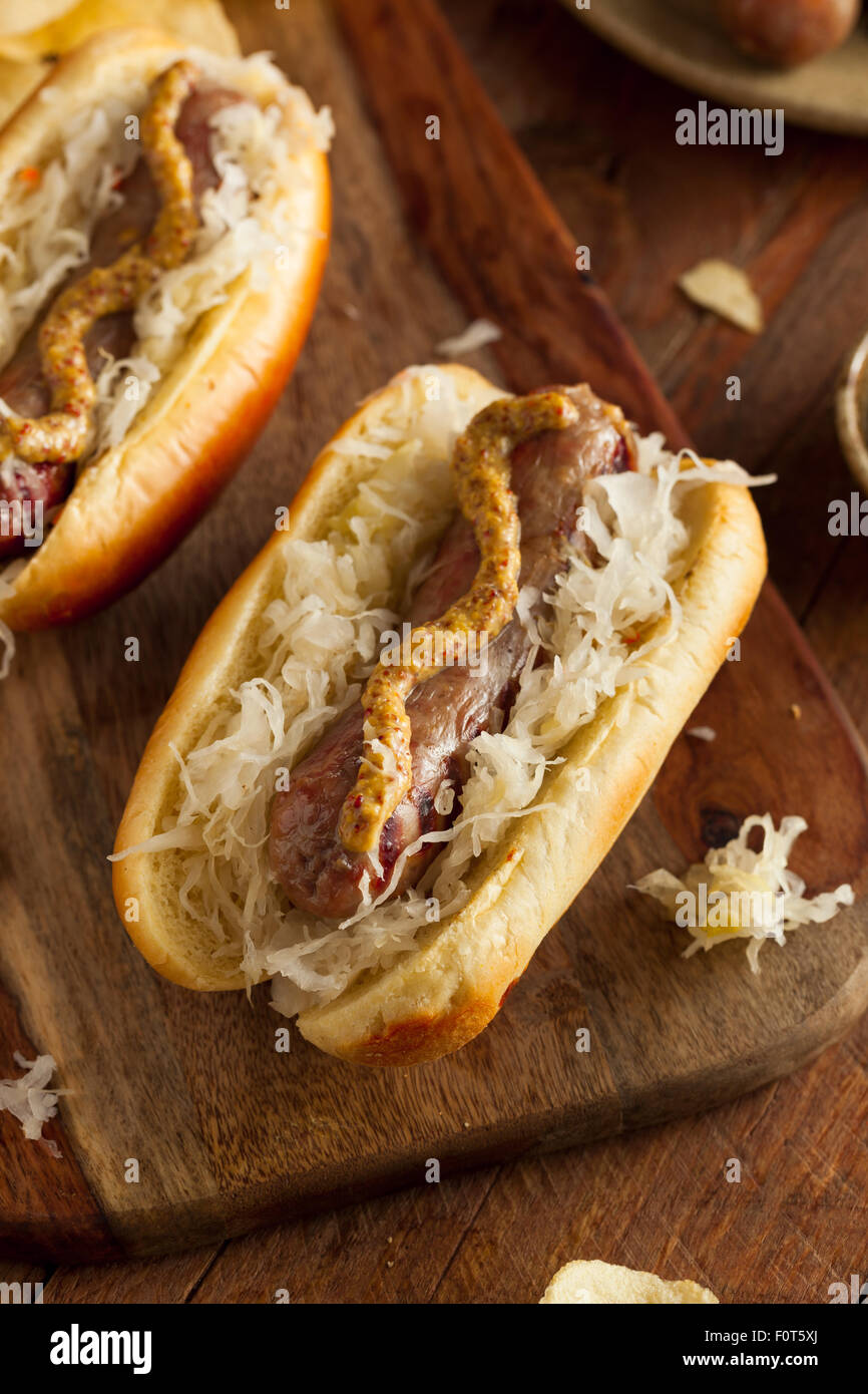 Beer Bratwurst with Sauerkraut and Spicy Mustard Stock Photo Alamy