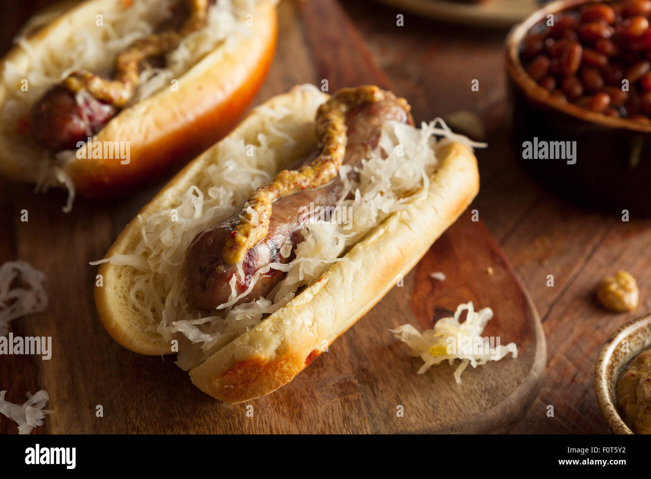 Beer Bratwurst with Sauerkraut and Spicy Mustard Stock Photo Alamy