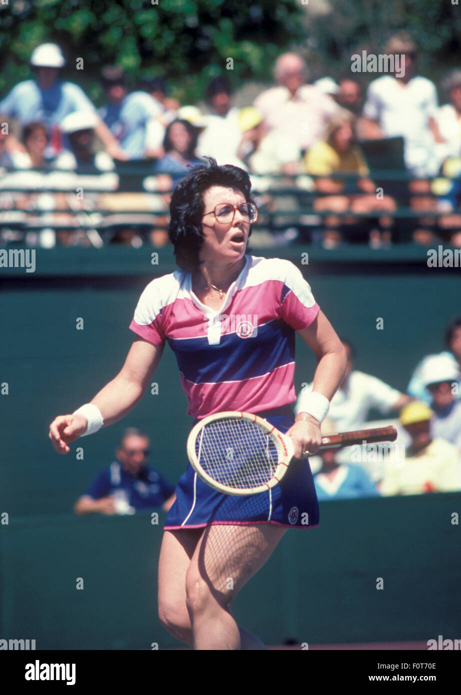 Billie Jean King in action at the Clairol Crown tennis tournament at La Costa Resort in Carlsbad, California in April 1980. Stock Photo