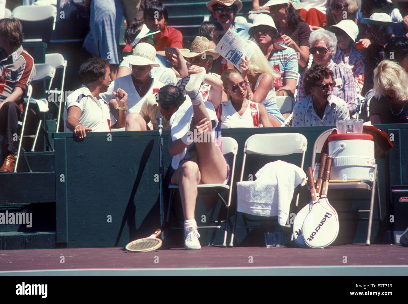 Billie Jean King at the Clairol Crown tennis tournament at La Costa Resort in Carlsbad, California in April 1980. Stock Photo