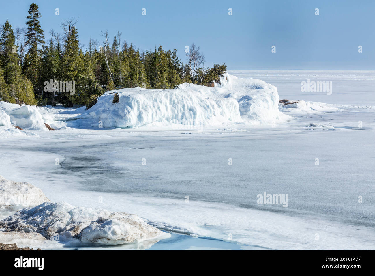 Winter ice on shore at Pancake Bay, Lake Superior, Ontario, Canada