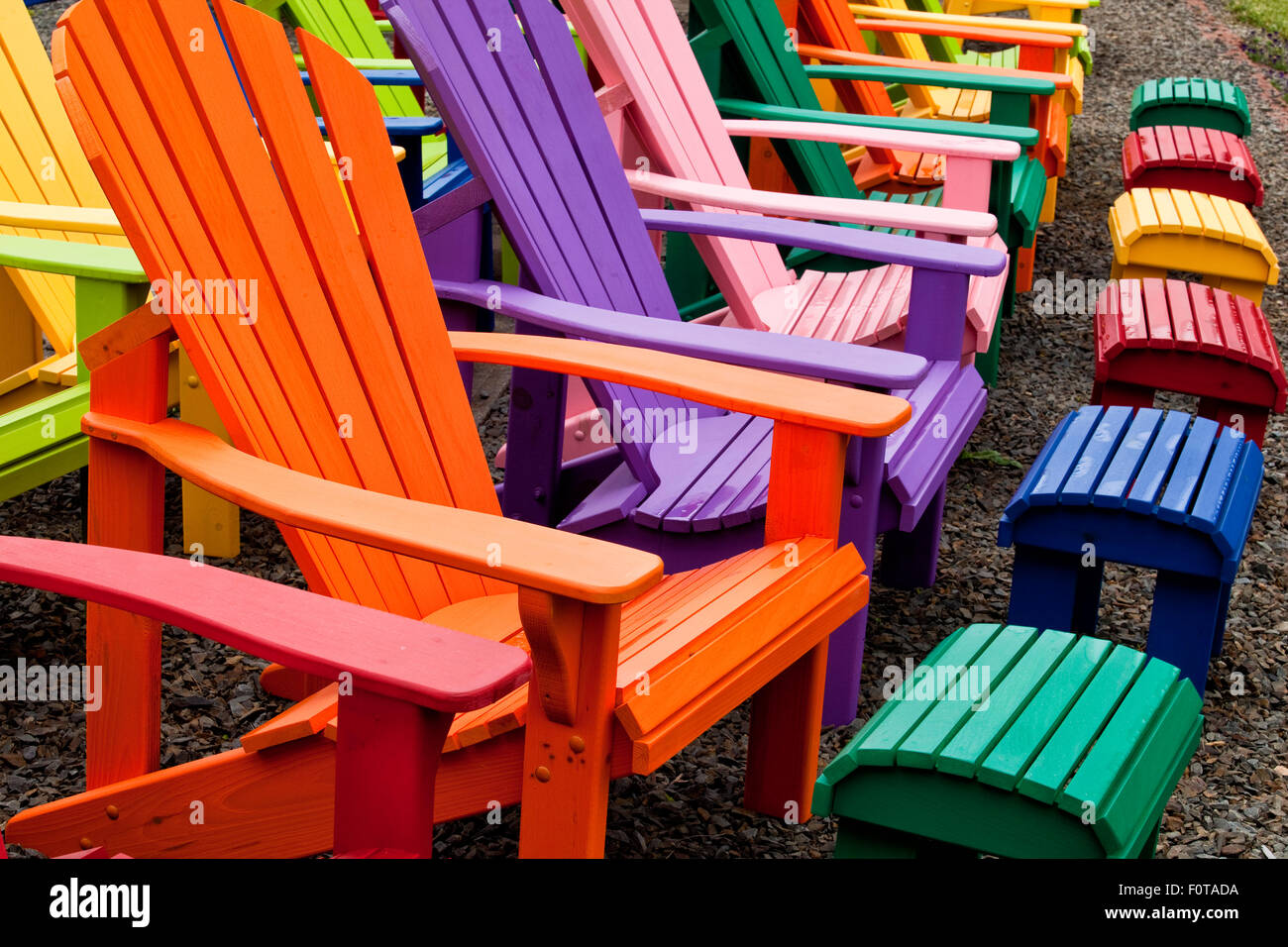 Multicoloured lawn chairs, Bridgewater, Nova Scotia, Canada Stock Photo