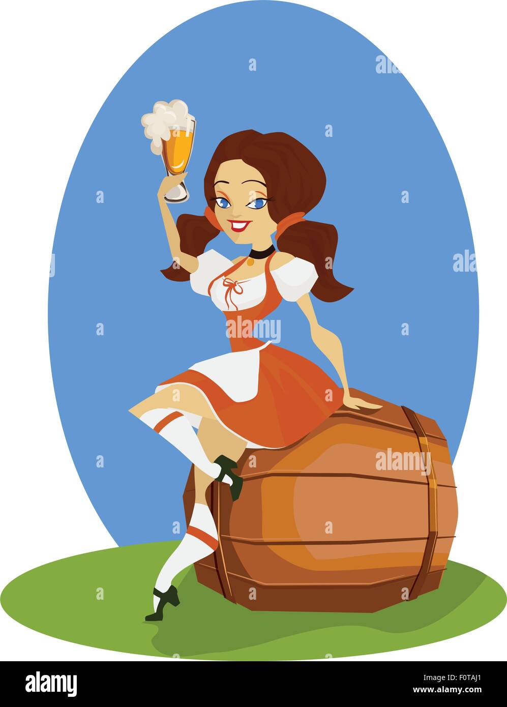 Beer girl in dirndl on keg with pretzel pinup Stock Vector