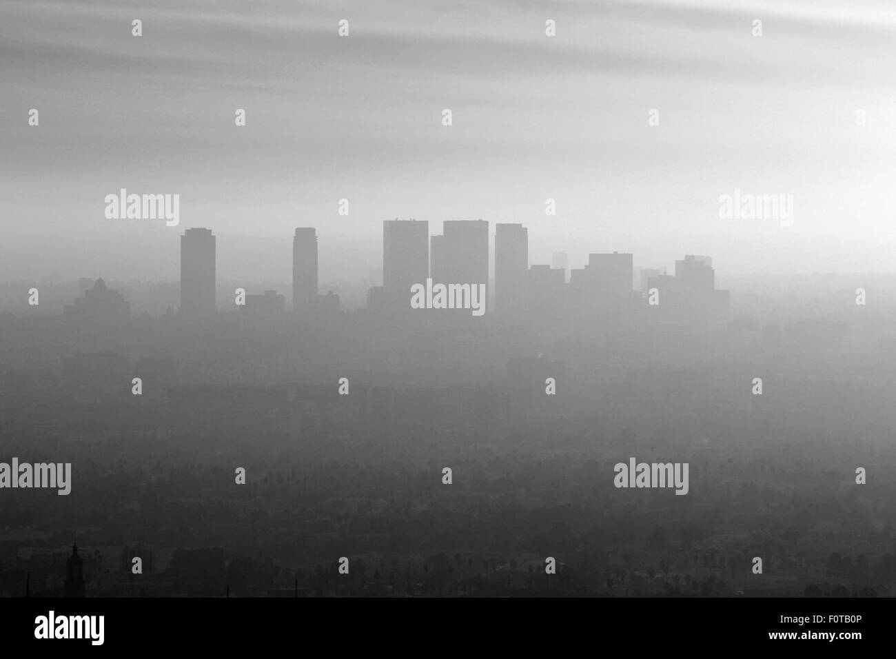 Smoggy black and white view of Century City, Beverly Hills and West Los Angeles. Stock Photo
