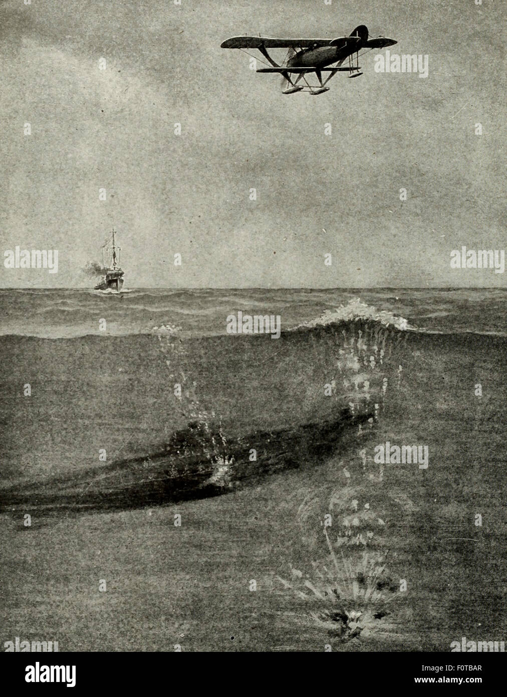 A depth bomb need not actually hit a submarine to destroy it, Biplane dropping depth charge on submarine during World War I Stock Photo