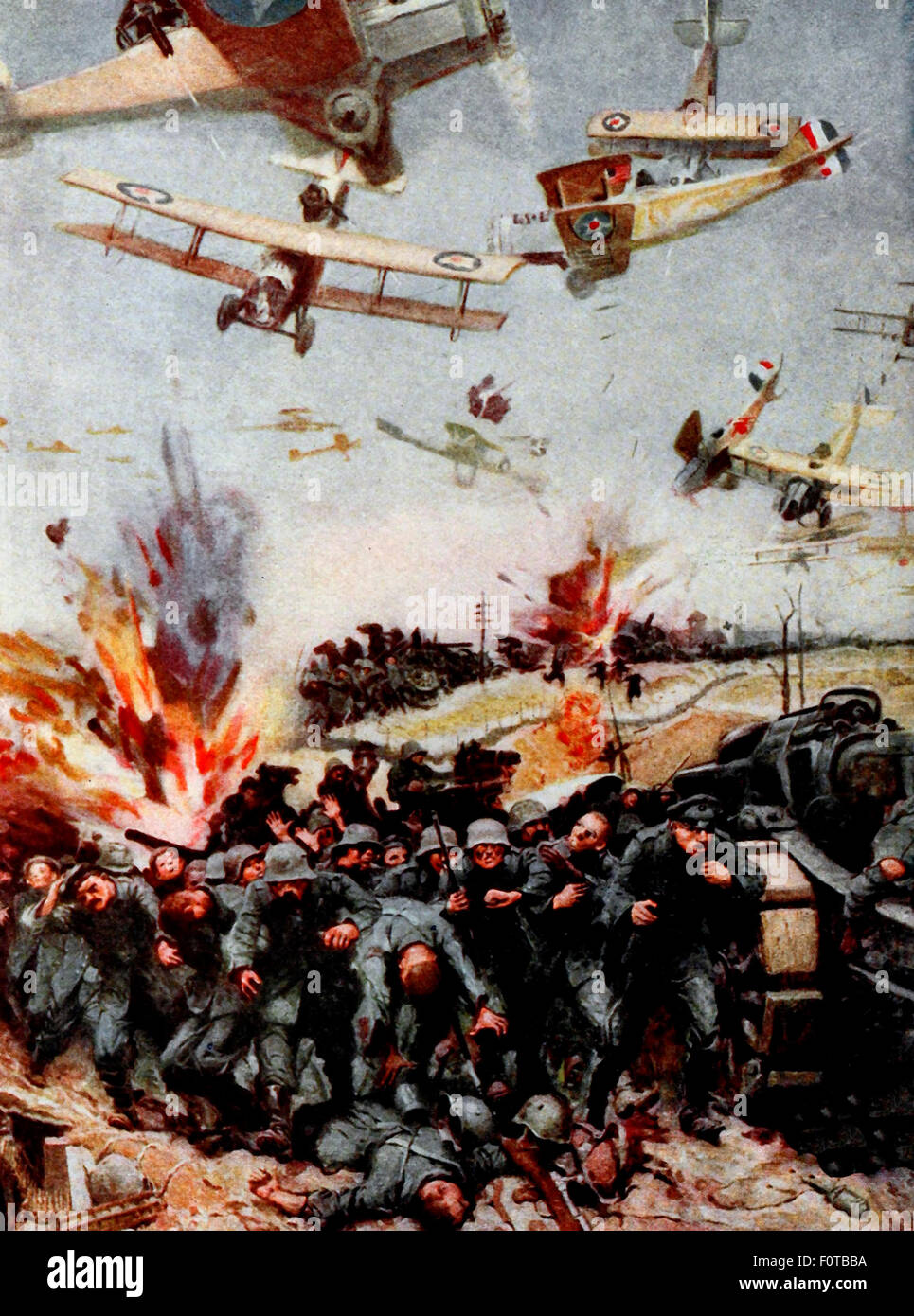 The 'Victorious Retreat' back to the Rhine - Huns struggling, not hopefully forward to Victory, but dejectedly backward to defeat, under bombing planes ceaselessly showering death upon them.  World War I Stock Photo