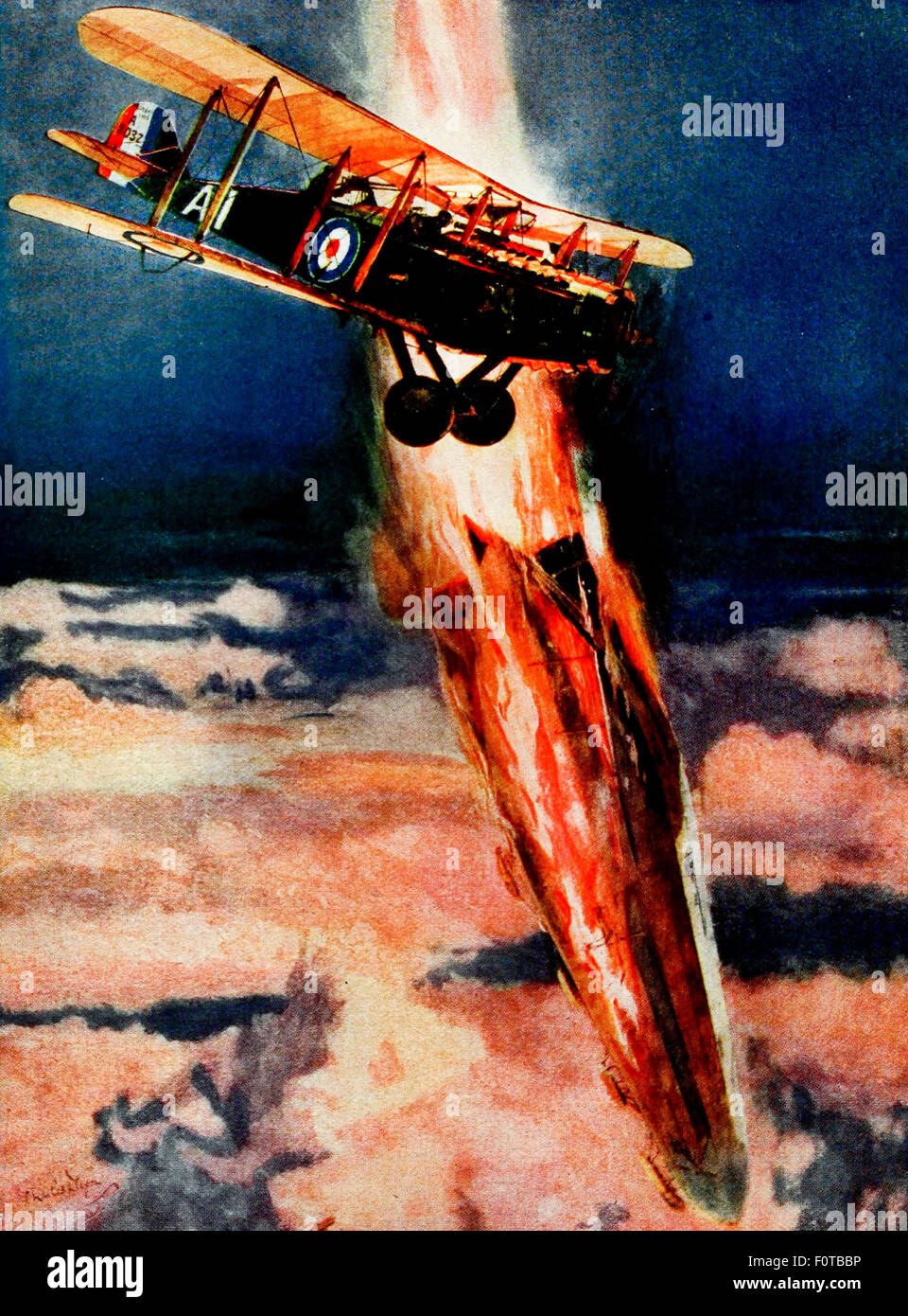 A Zeppelin's lurid end above the clouds during World War I Stock Photo