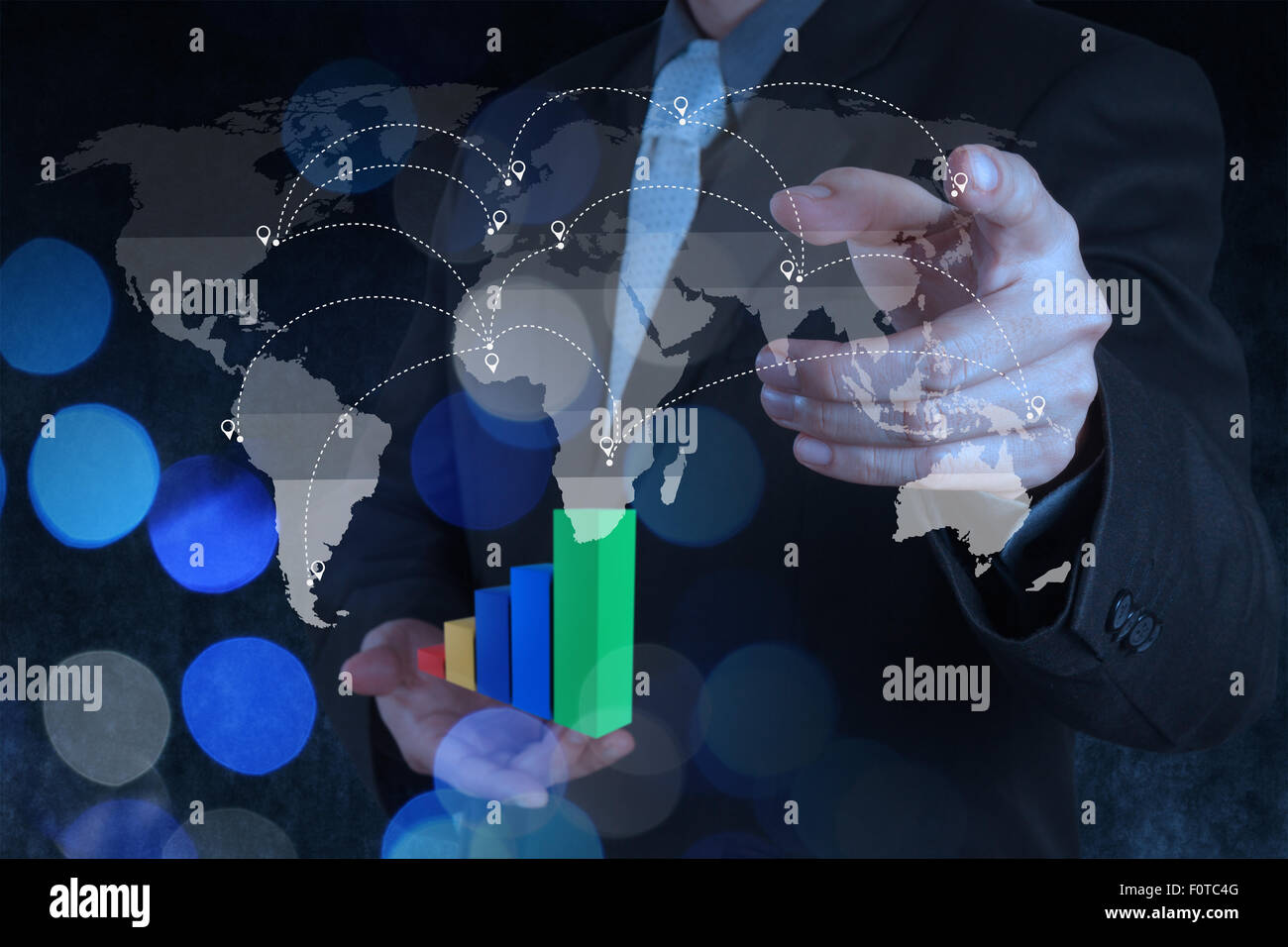 double exposure of businessman hand working with blank net work diagram ...