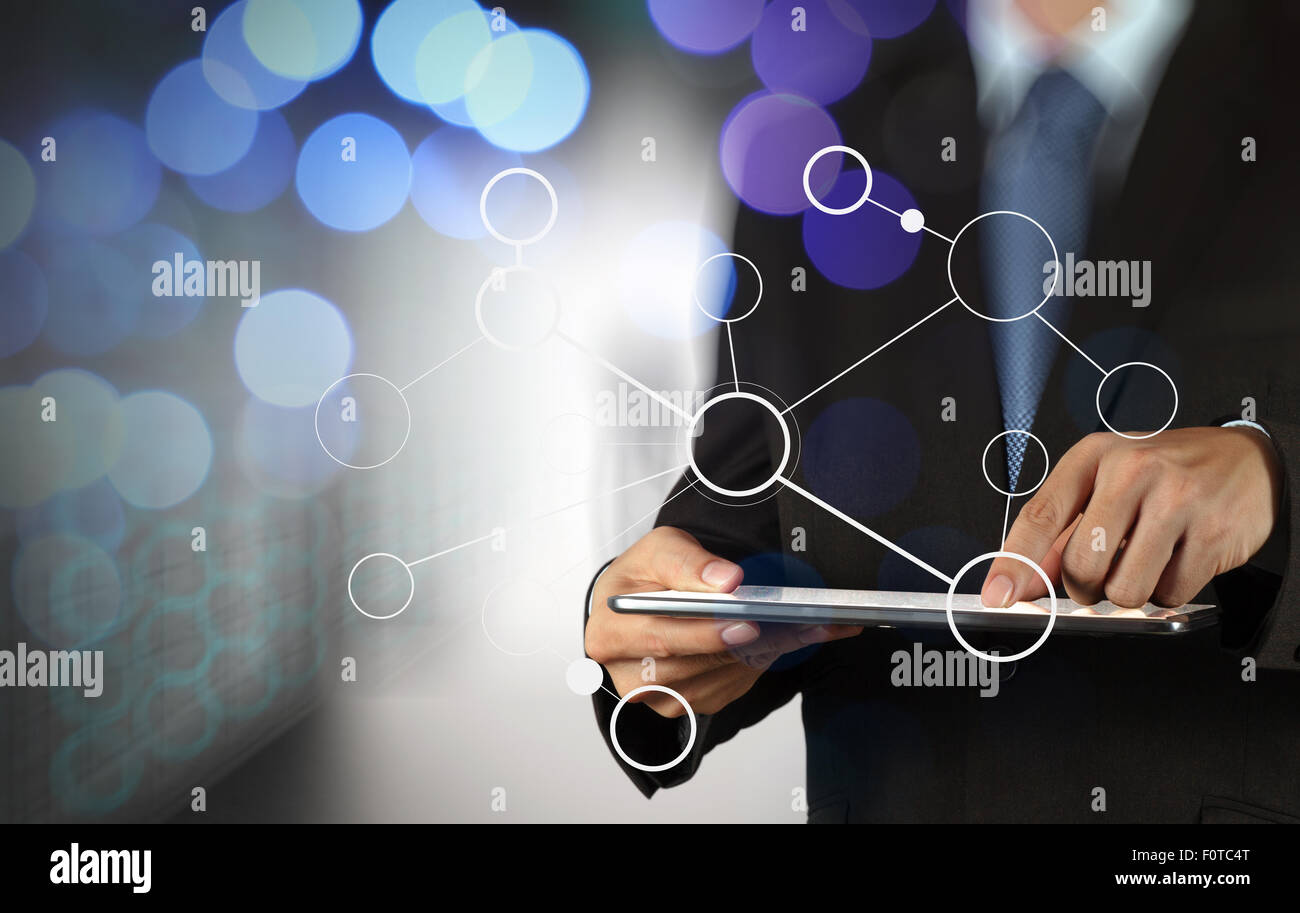 double exposure of businessman hand working with blank net work diagram ...