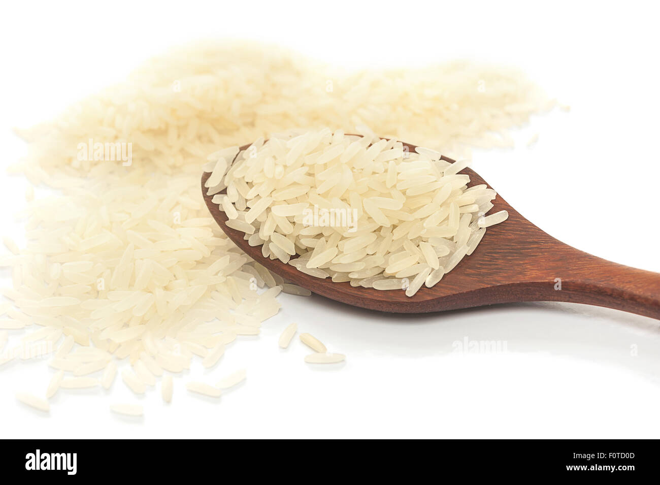 Rice,White rice in wooden spoon isolated on white background, selective focus Stock Photo