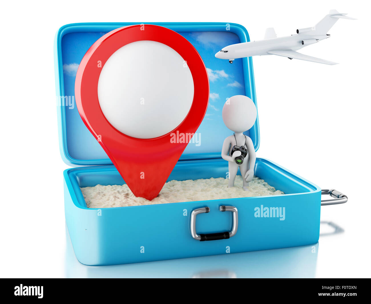 3d renderer image. White people with map pointer in a travel suitcase ...