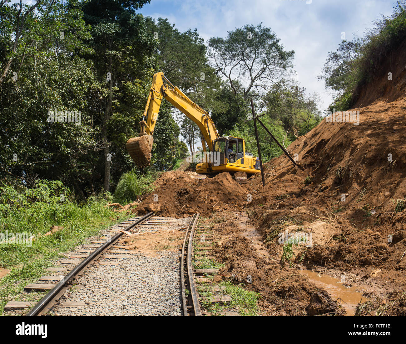Yellow excavator on a construction site against Stock Photo - Alamy