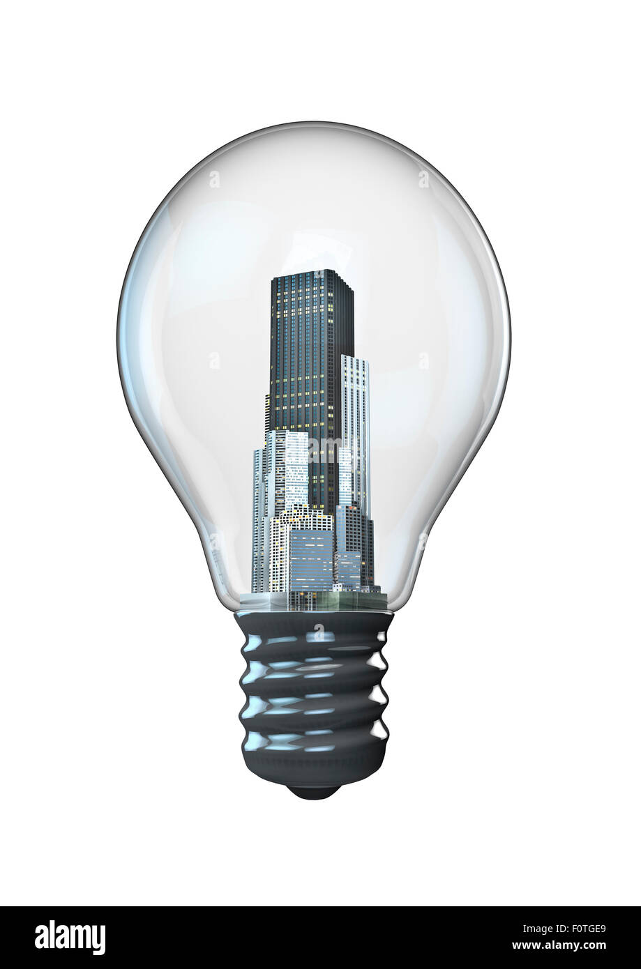 City bulb, 3D render of light bulb with modern buildings inside Stock Photo