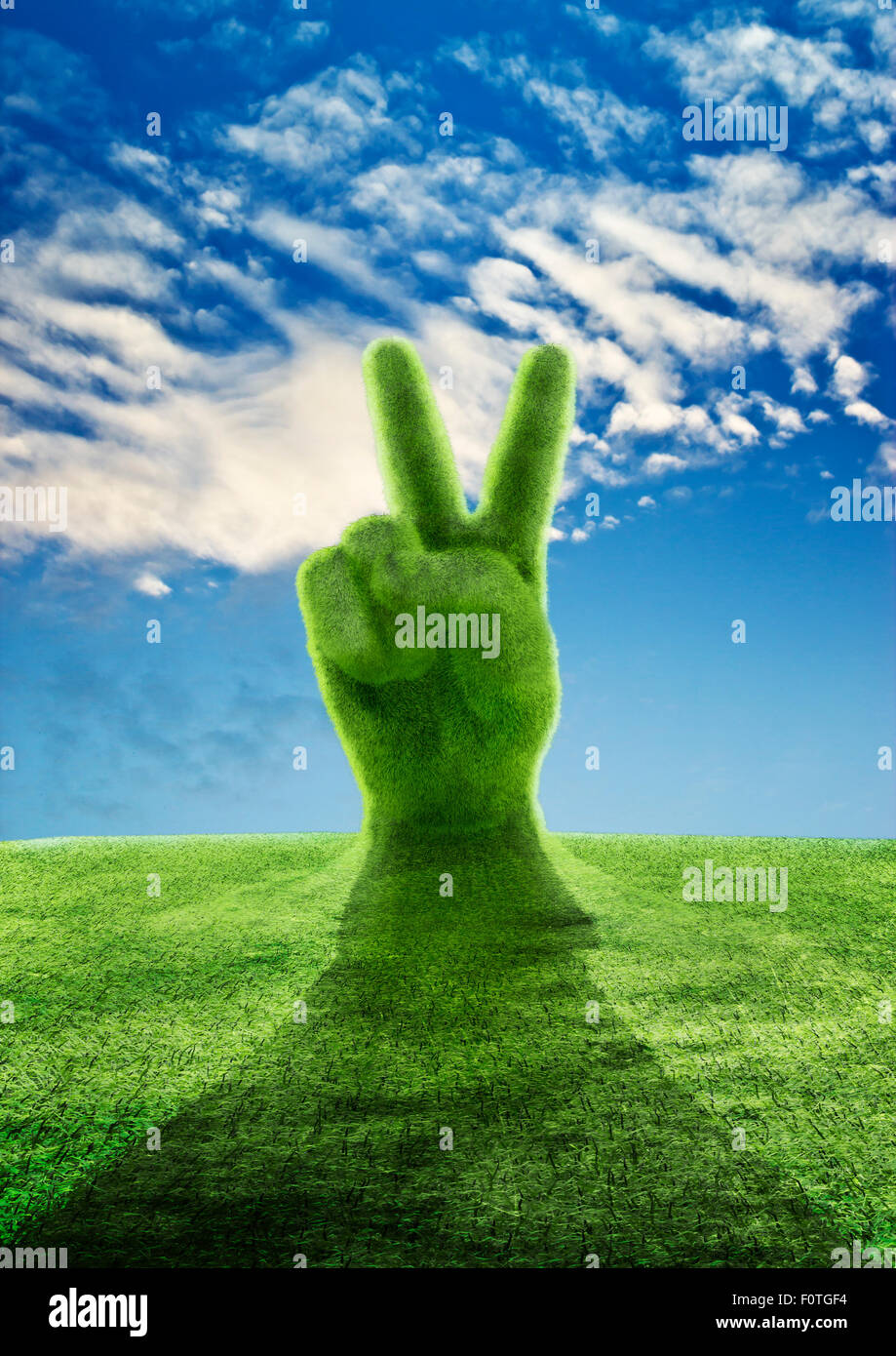 Nature wins, 3D render of grass covered hand rising from ground showing victory sign Stock Photo