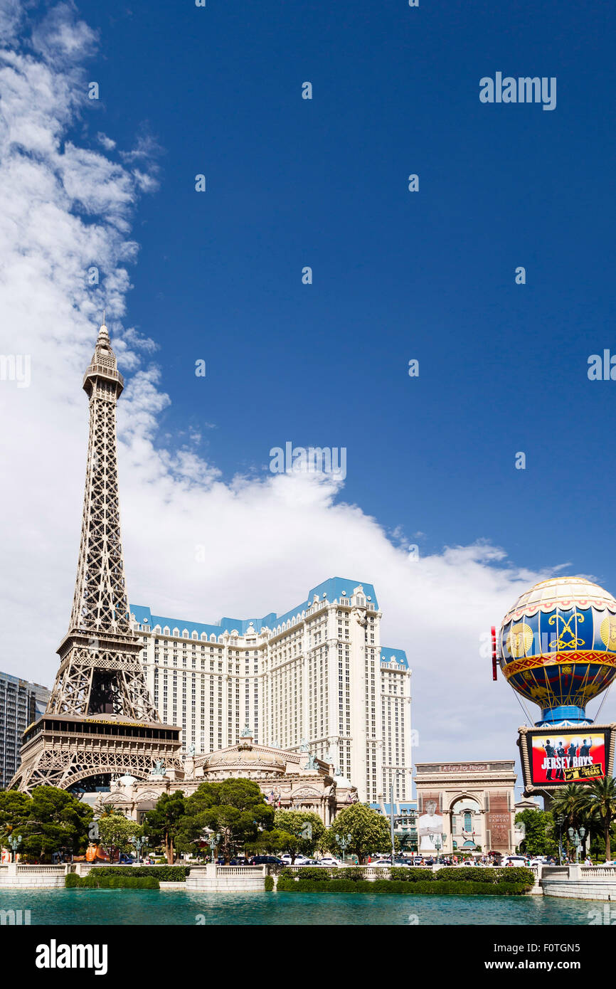 Exterior of the Paris Las Vegas Hotel with replica Eiffel Tower and Montgolfier balloon Stock Photo