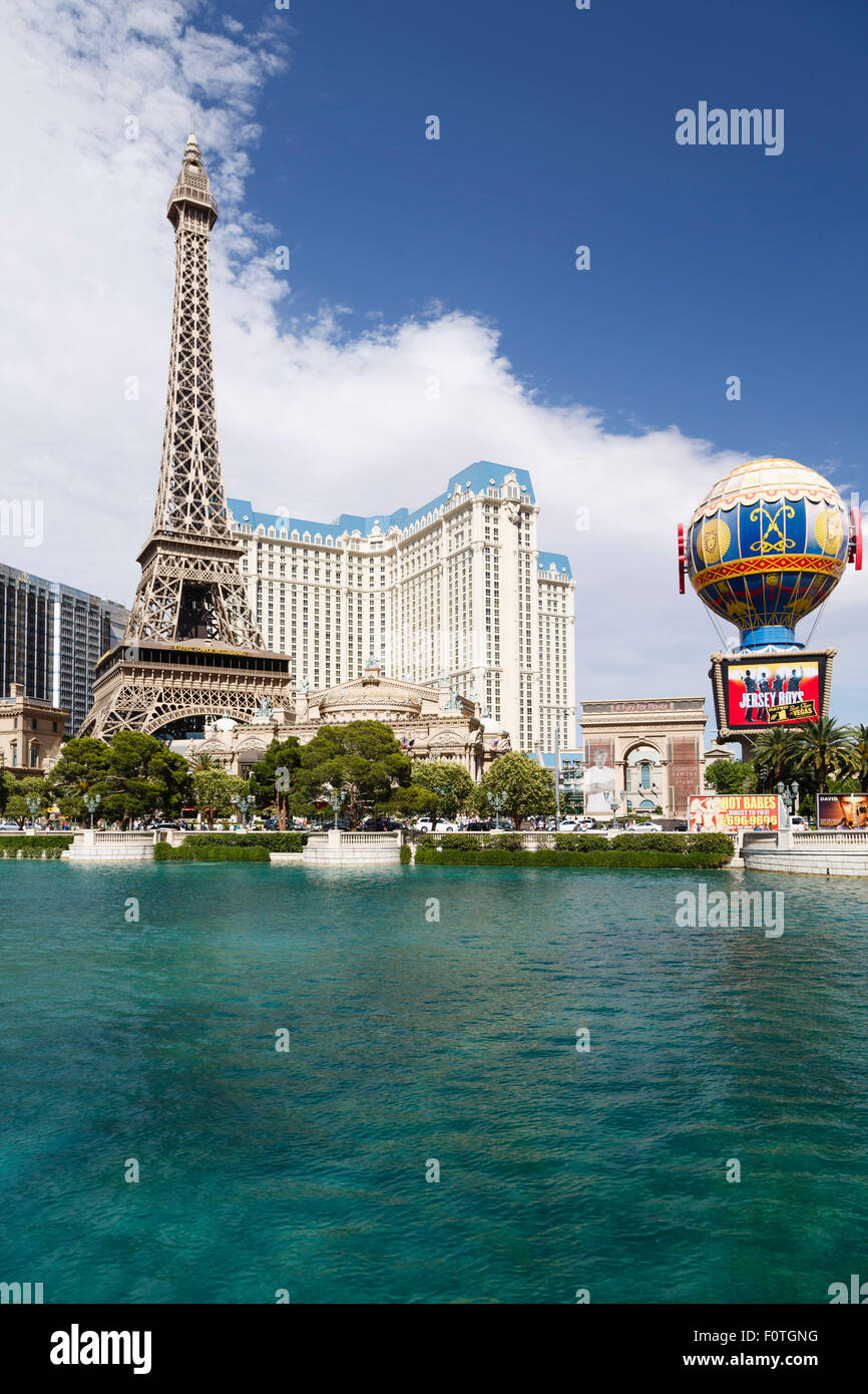 Exterior of the Paris Las Vegas Hotel with replica Eiffel Tower and Montgolfier balloon Stock Photo