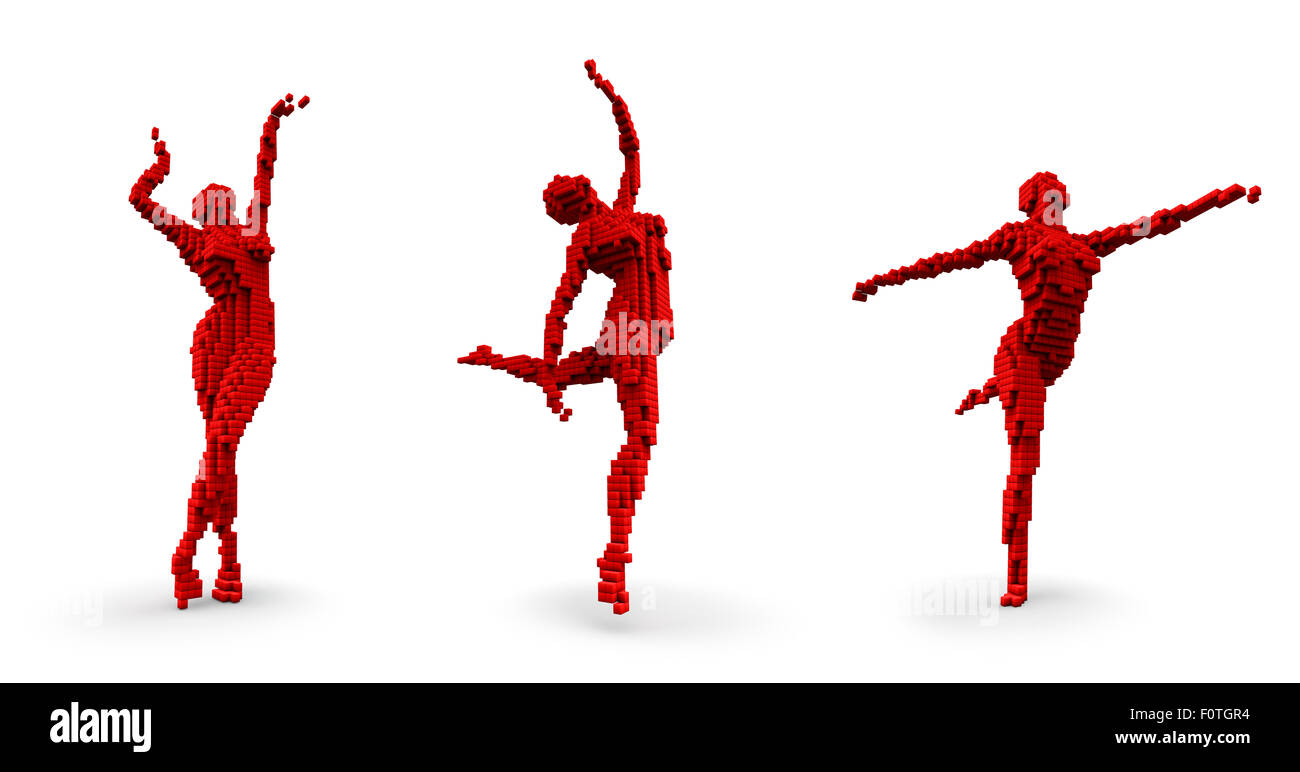 Pixel dancers, 3D render of pixelated female dancing figure in three different poses Stock Photo