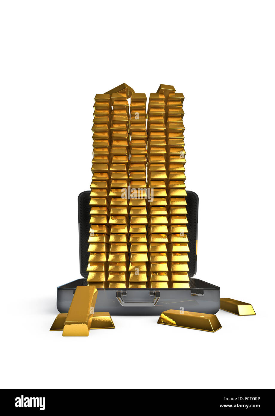 Suitcase very full of gold bars, 3D render of suitcase with gold bars
