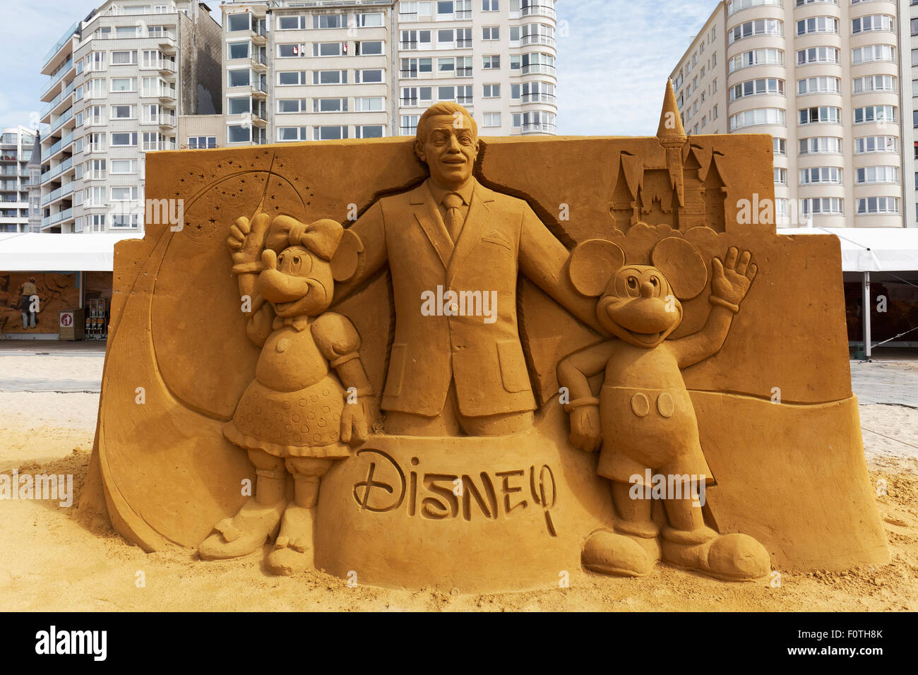 Walt Disney cartoon characters Mickey Mouse and Minnie Mouse, sand sculptures, Sand Sculpture Festival Frozen Summer Sun Stock Photo