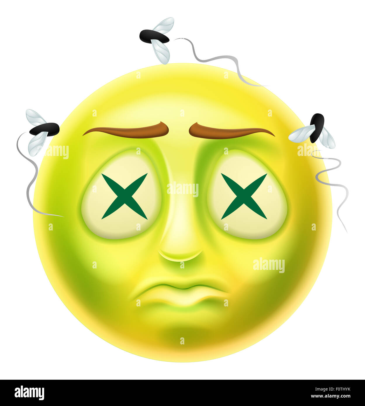A zombie dead emoticon emoji character with xs in his eyes and flies flying around him Stock Photo