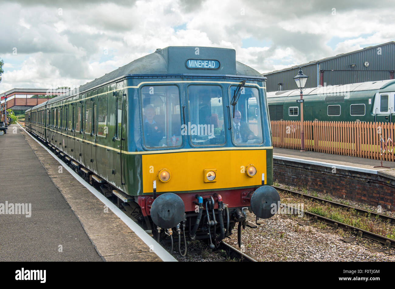 Restored diesel locomotive on the West Somerset Railway, stopped at Williton Station, West of England Stock Photo