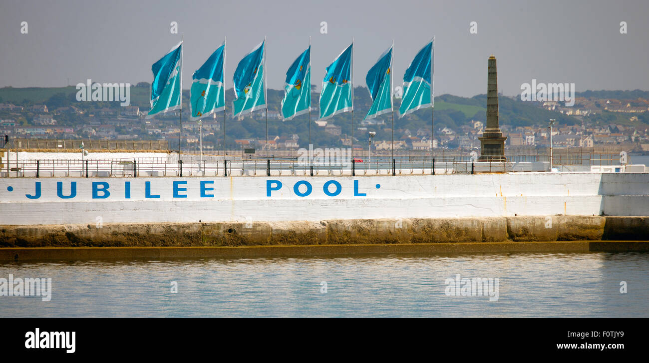 The flags on the Jubilee Pool, Penzance, Cornwall, England, UK. Stock Photo