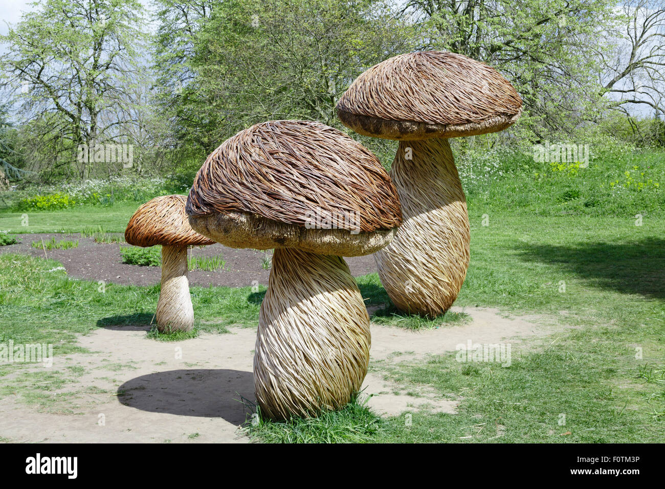 Giant mushrooms made from willow by artist Tom Hare. Kew Gardens, London, UK Stock Photo
