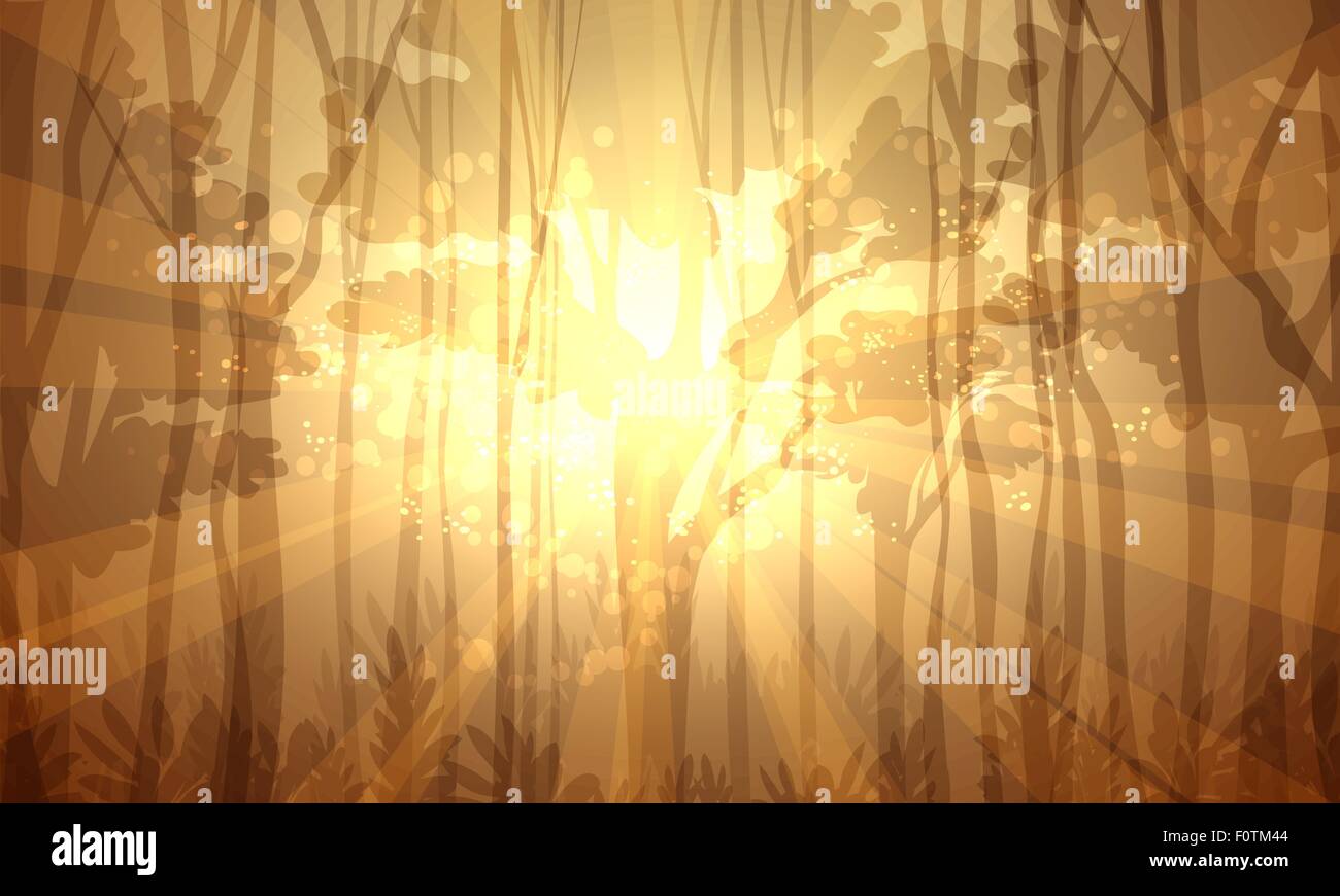 Illustration of deep forest. Sunburst through the trees and bushes. Stock Vector