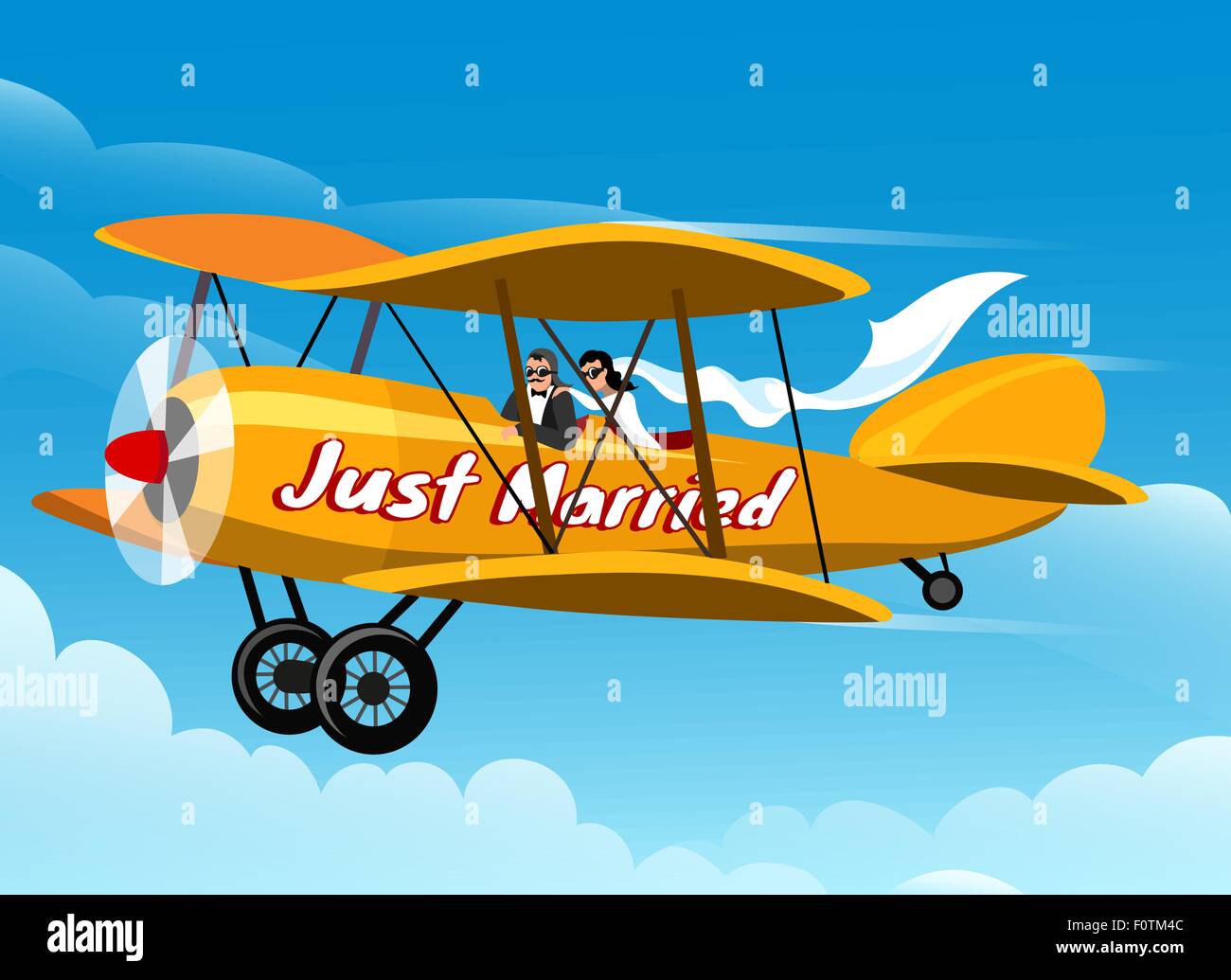 Just married couple flies honeymoon trip on airplane. Only free font used. Stock Vector