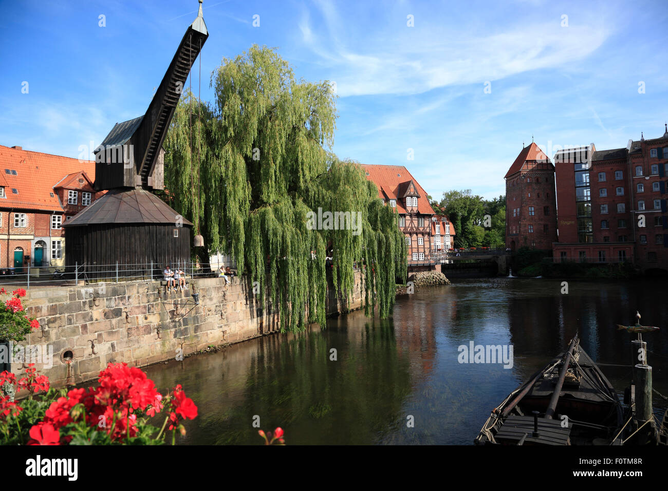 Old harbour quater at river Ilmenau with crane, Lueneburg, Lüneburg, Lower Saxony, Germany, Europe Stock Photo
