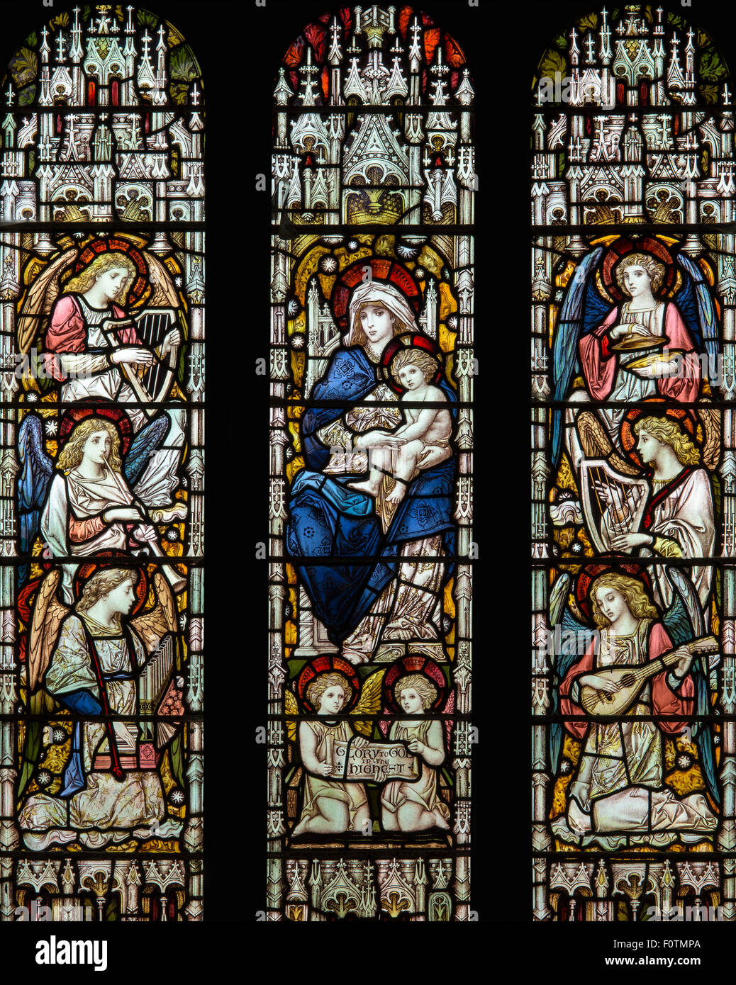 A restful depiction of Mary and Jesus being celebrated by angelic musicians , St. Andrew's Church, Dent, Cumbria, England, UK Stock Photo