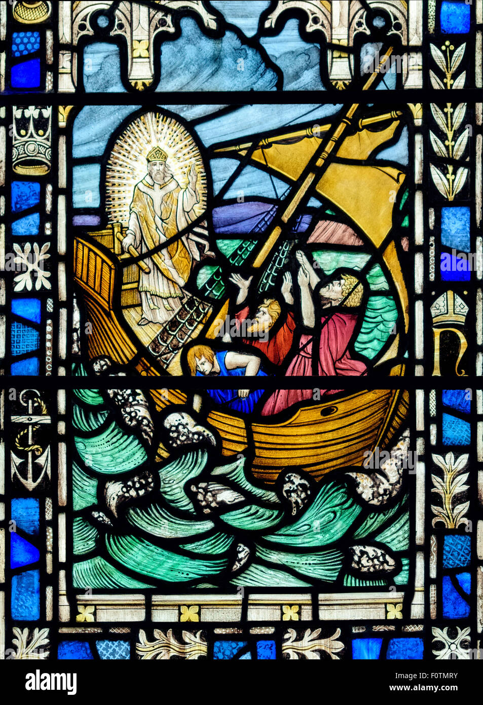 Stained glass window depicting Jesus calming the storm, St. Andrew's Church, Dent, Yorkshire Dales National Park, Cumbria, UK Stock Photo