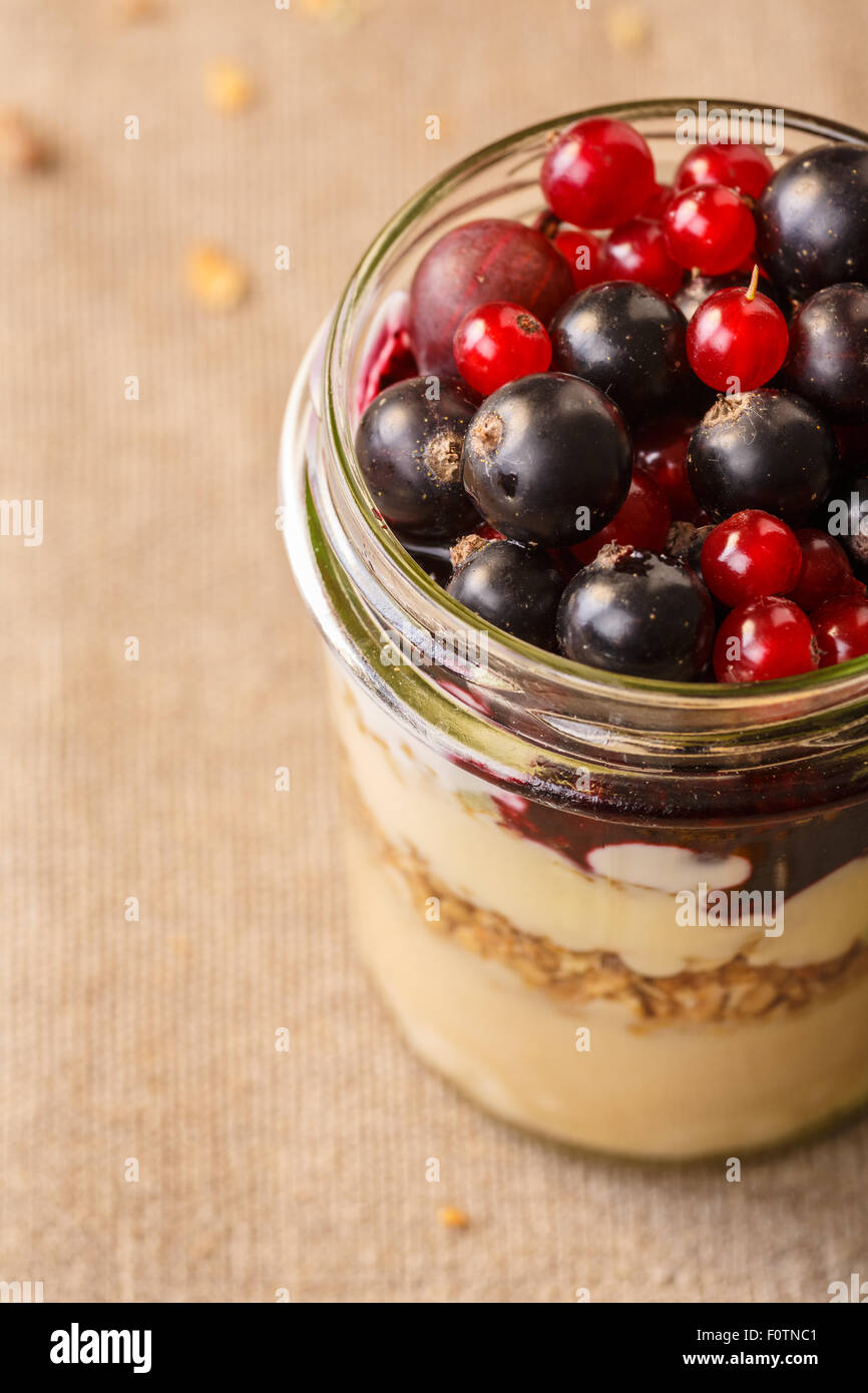 Parfaitstyle healthy layered breakfast with yogurt,bilberry jam,fresh