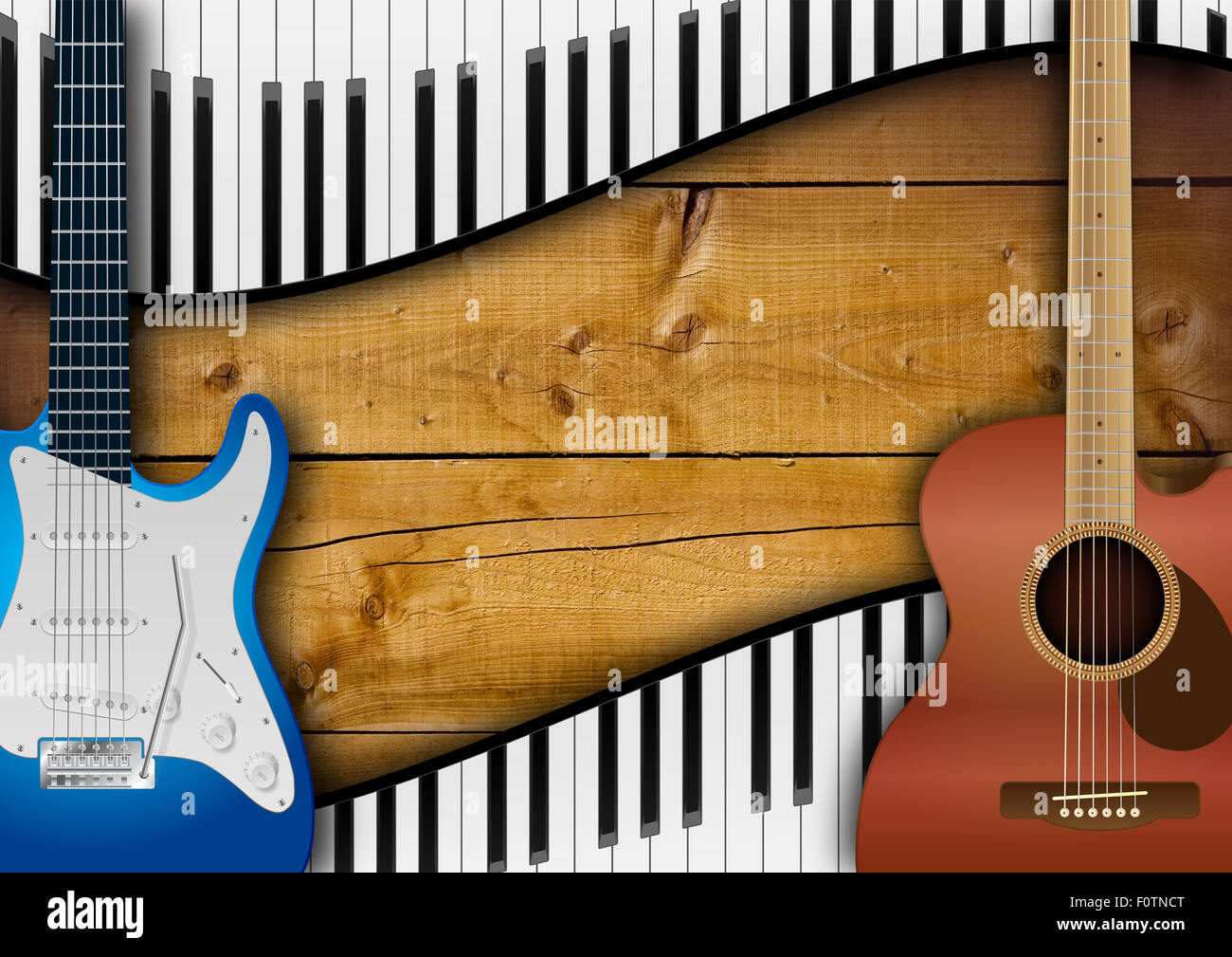 Electric and acoustic guitars, and keyboards frame against wooden background Stock Photo